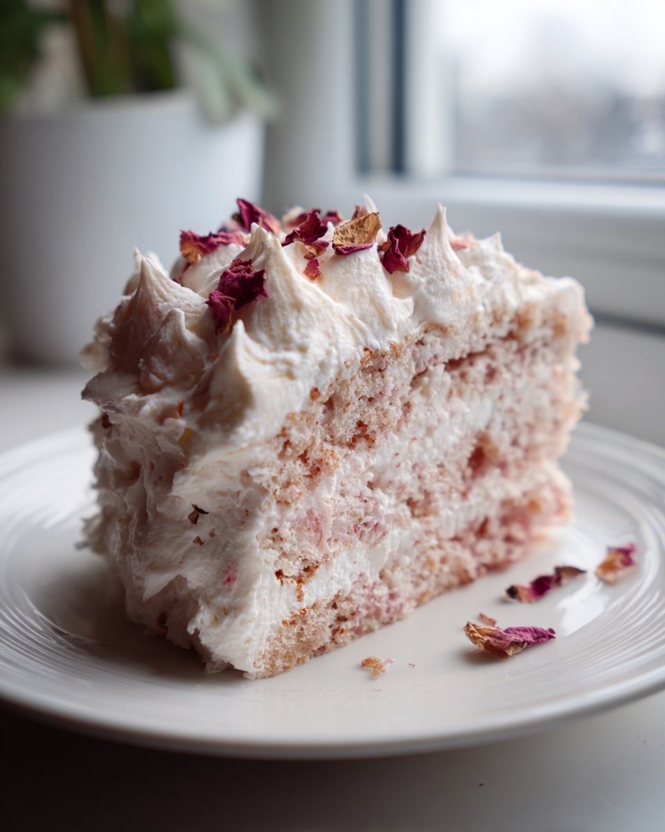 A moist slice of rose cake layered with white frosting and topped with dried rose petals.