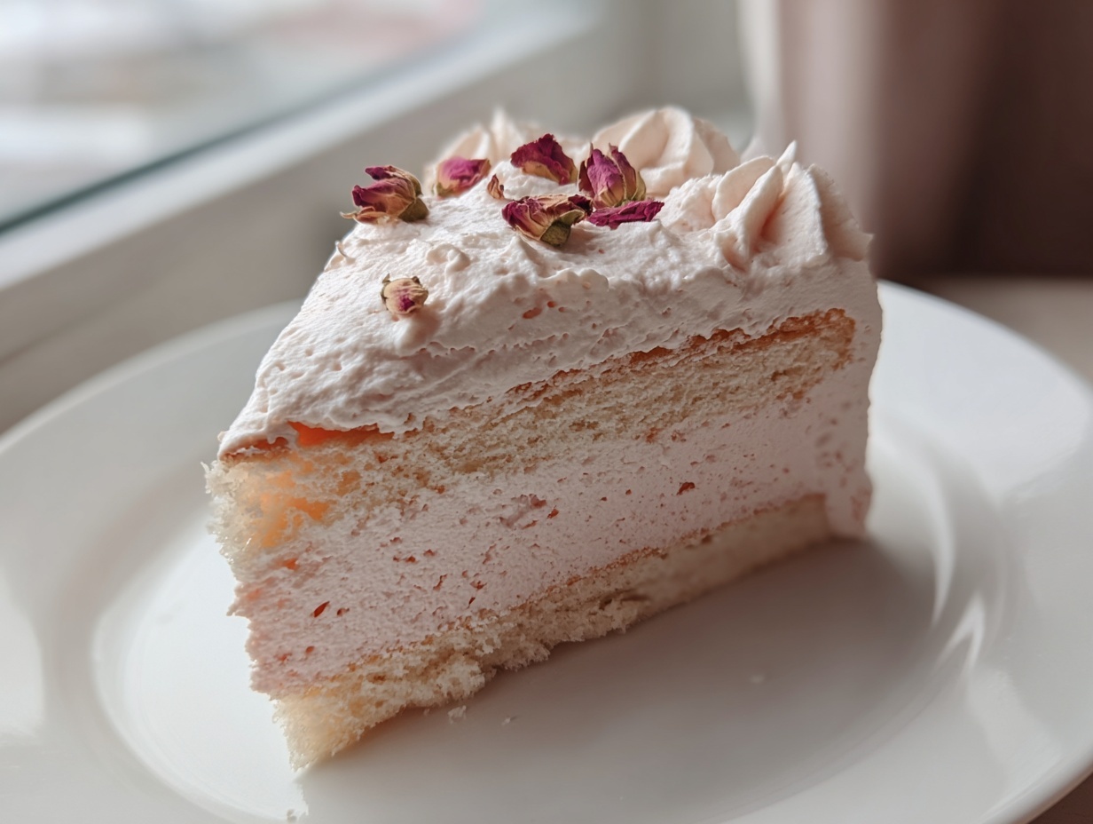 A slice of layered rose cake featuring light sponge, pink rose-flavored cream, and topped with dried rosebuds.