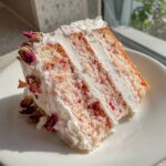 A close-up slice of layered rose cake with white frosting, garnished with dried rosebuds.