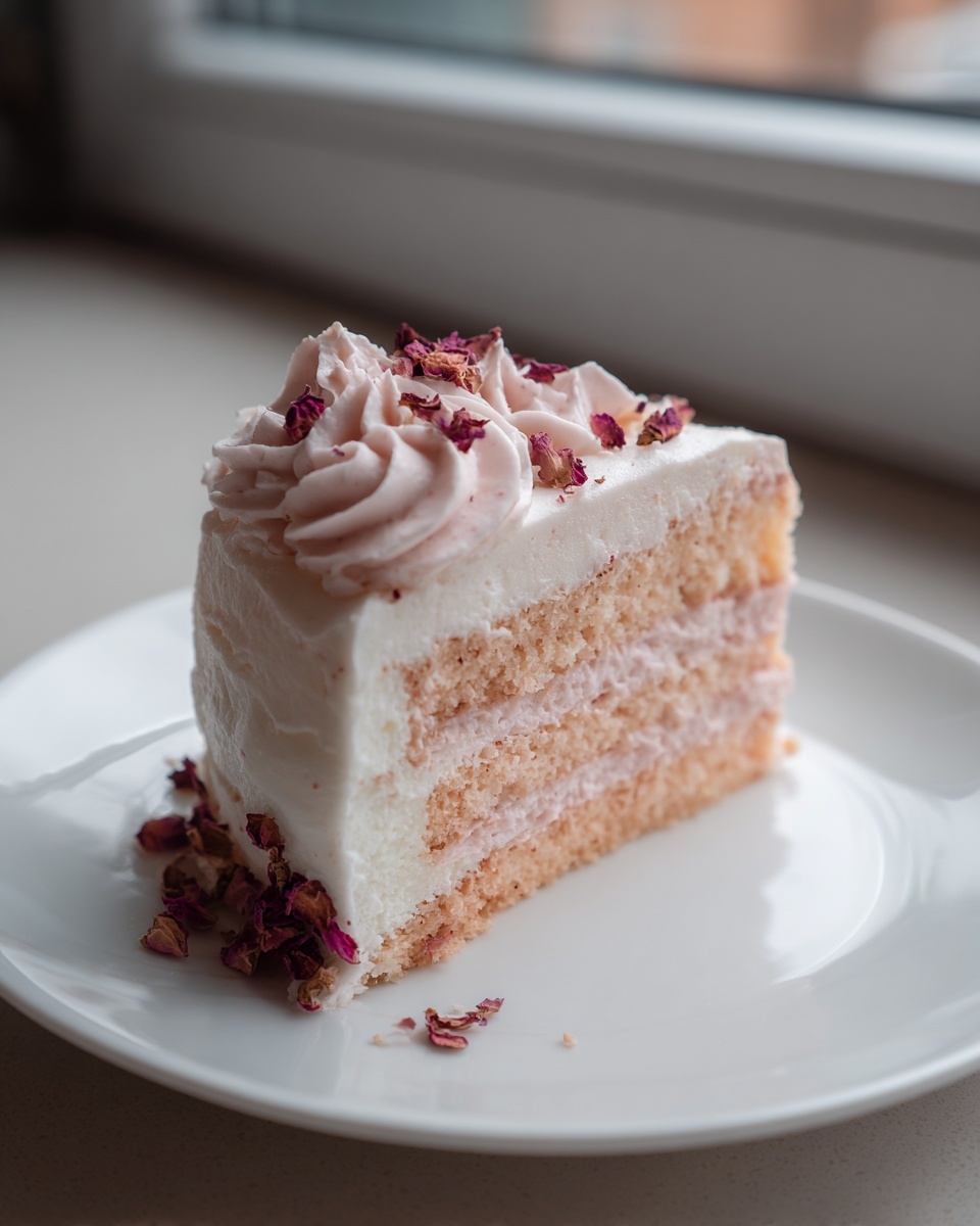 A beautiful slice of rose cake with layers of pink sponge and white frosting, topped with dried rose petals.