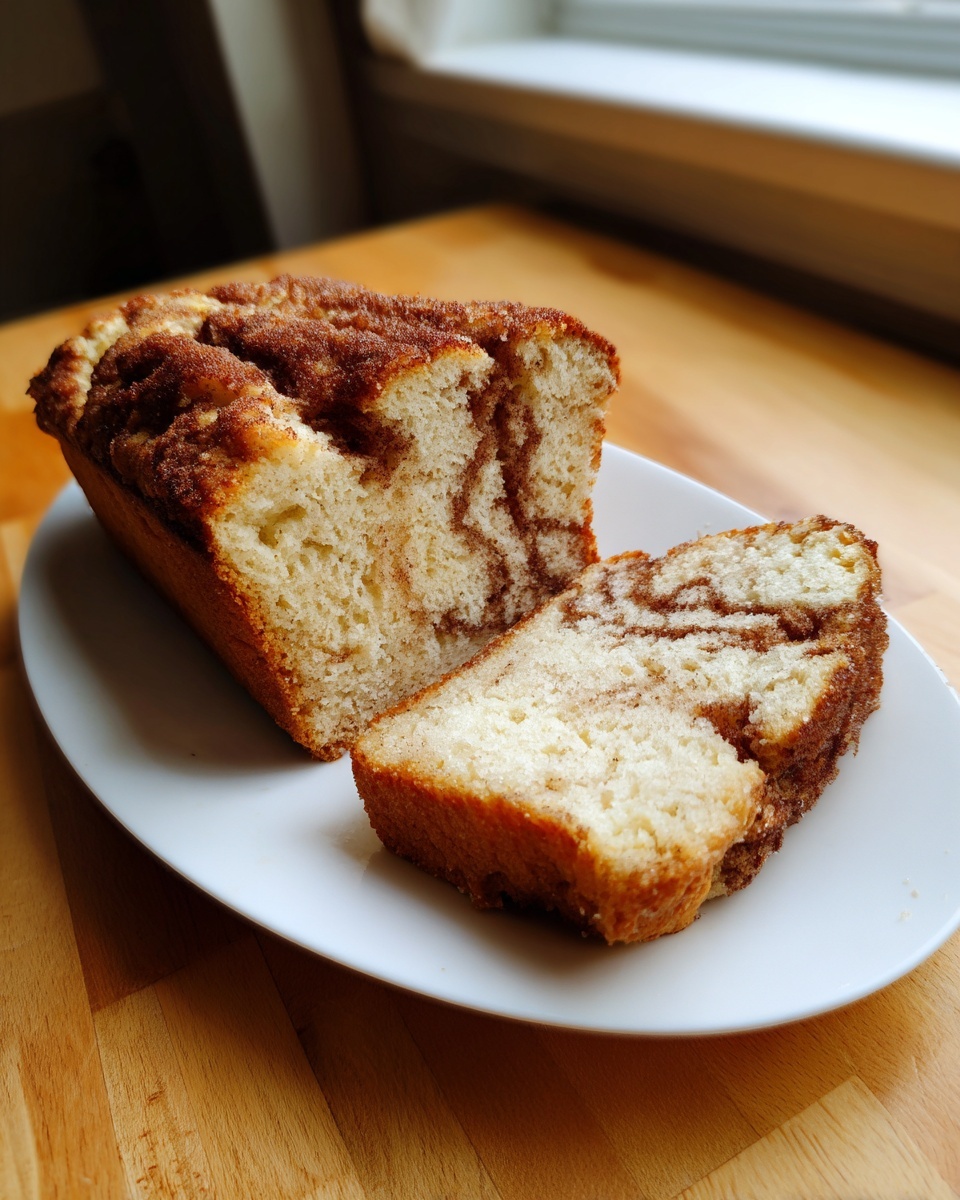 A loaf of homemade cinnamon bread, sliced to show the rich, brown cinnamon swirl inside.