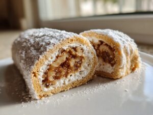 Two slices of amazing italian nut roll cookies showing the creamy filling and walnut center, dusted heavily with powdered sugar.