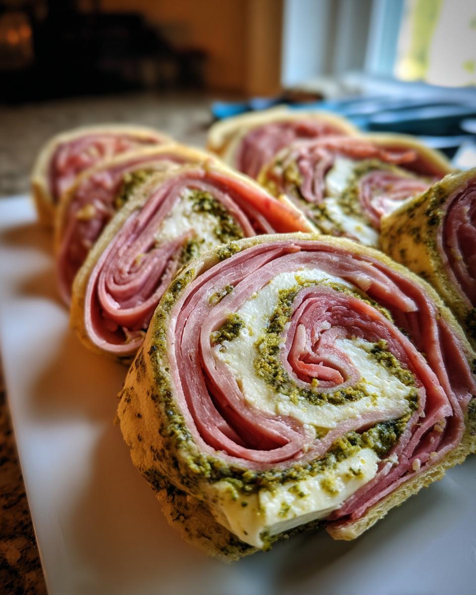 Close-up of several slices of rolled italian pinwheels showing layers of ham, mozzarella, and green pesto filling.