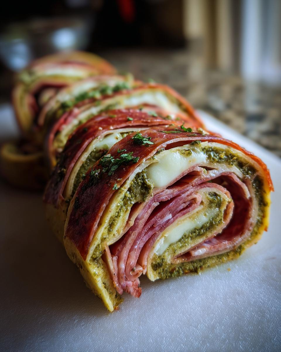 Close-up of sliced italian pinwheels showing layers of pesto, mozzarella, and cured meats.