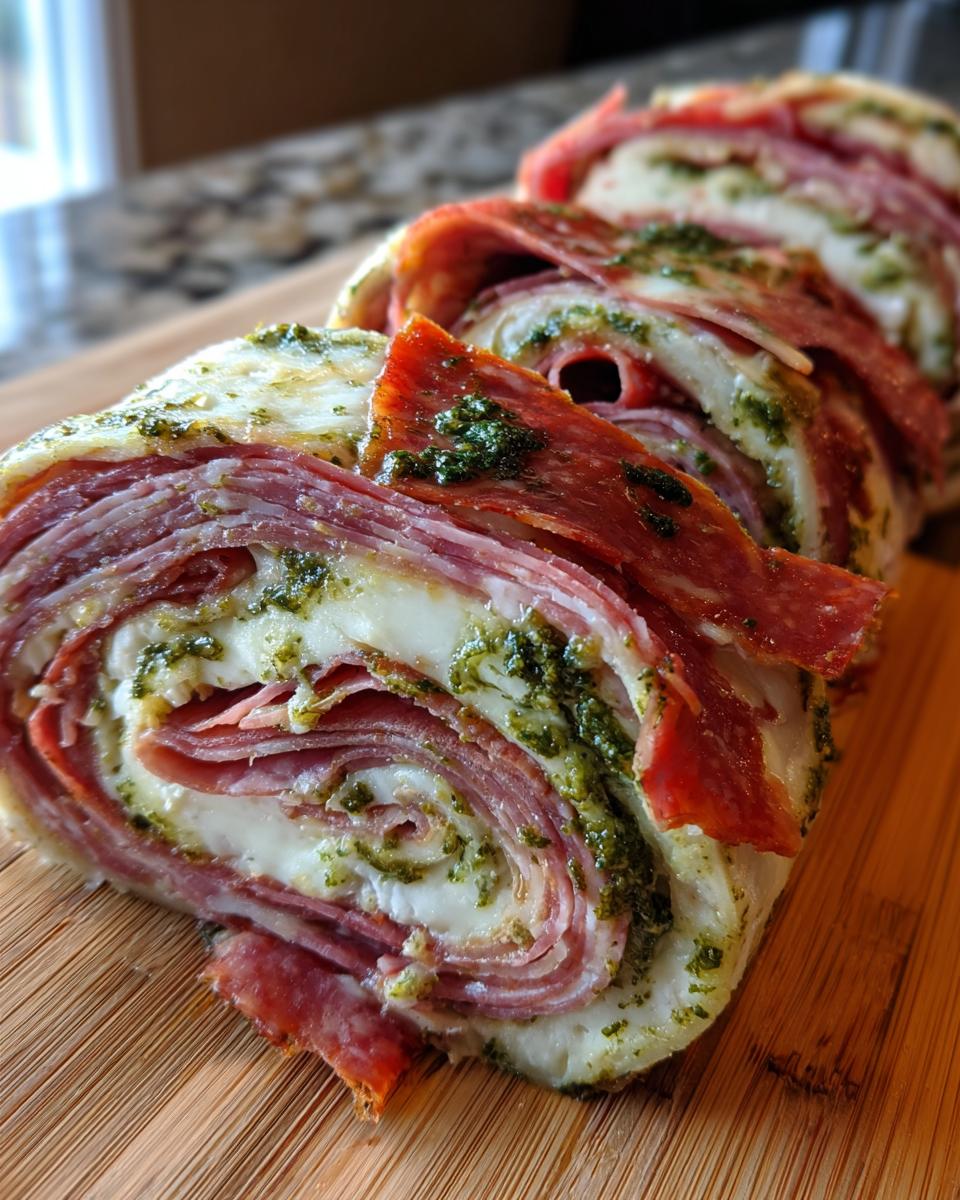 Close-up of sliced italian pinwheels showing layers of deli meat, cheese, and vibrant green pesto.