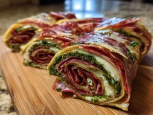 Close-up of several slices of layered italian pinwheels featuring deli meat, cheese, and pesto on a wooden board.