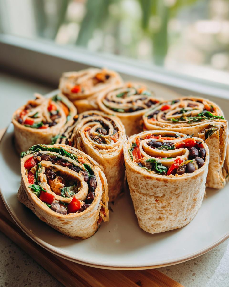 A plate of freshly sliced vegan taco pinwheels filled with black beans, red peppers, and greens.