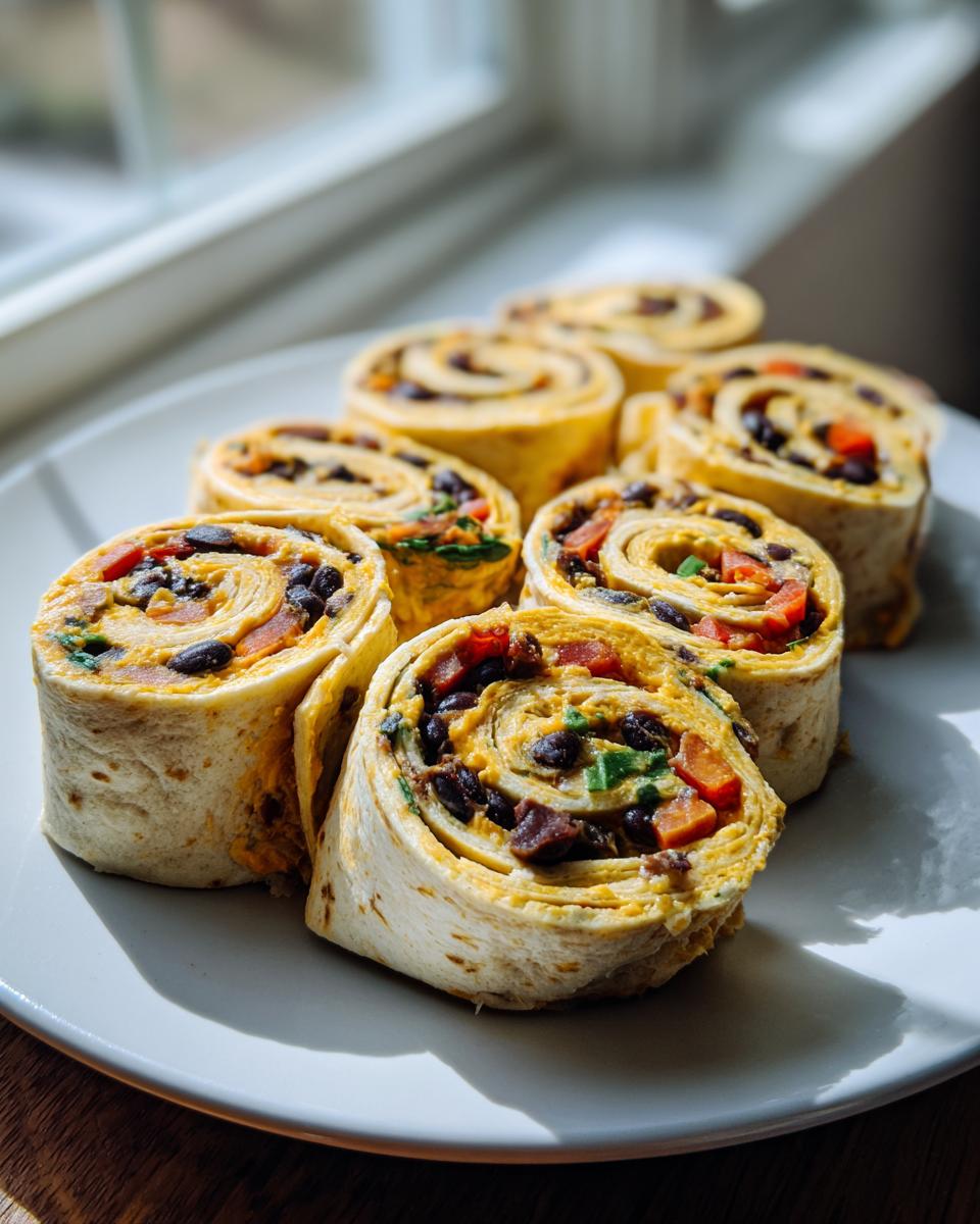 A plate holding several slices of vegan taco pinwheels filled with black beans, peppers, and creamy spread.