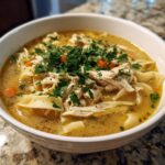 Close-up of a white bowl filled with rich broth, egg noodles, shredded chicken, and topped with fresh parsley for slow cooker chicken noodle soup.