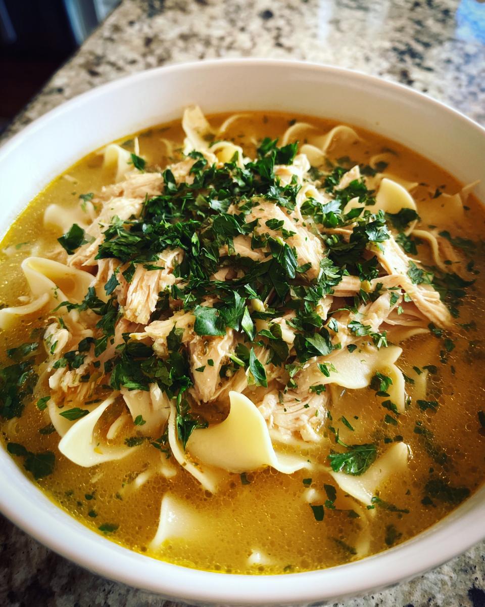 Close-up of a white bowl filled with rich broth, egg noodles, shredded chicken, and topped generously with fresh parsley for slow cooker chicken noodle soup.
