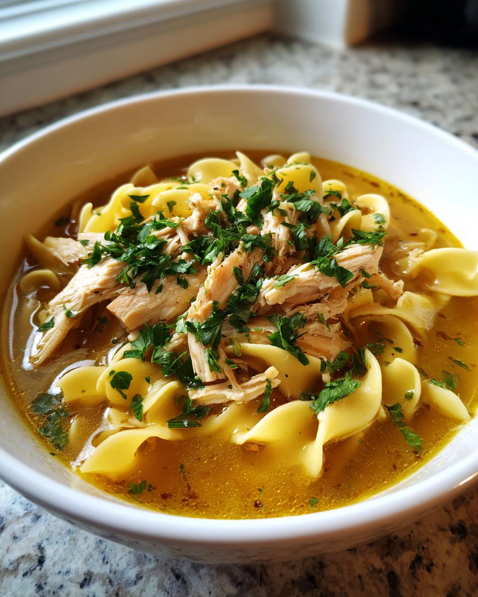 Close-up of a white bowl filled with rich broth, egg noodles, shredded chicken, and fresh parsley, representing slow cooker chicken noodle soup.