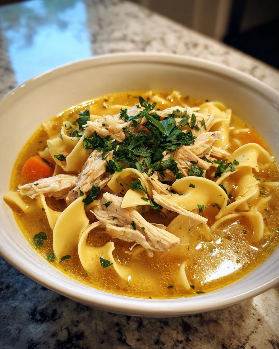 Close-up of a hearty bowl of slow cooker chicken noodle soup, featuring shredded chicken, egg noodles, and fresh parsley garnish.