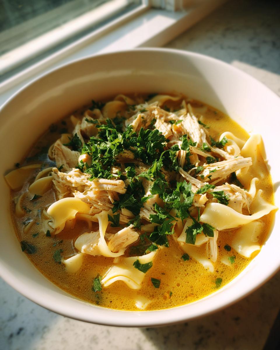 A close-up of a white bowl filled with rich broth, egg noodles, shredded chicken, and fresh parsley, representing slow cooker chicken noodle soup.