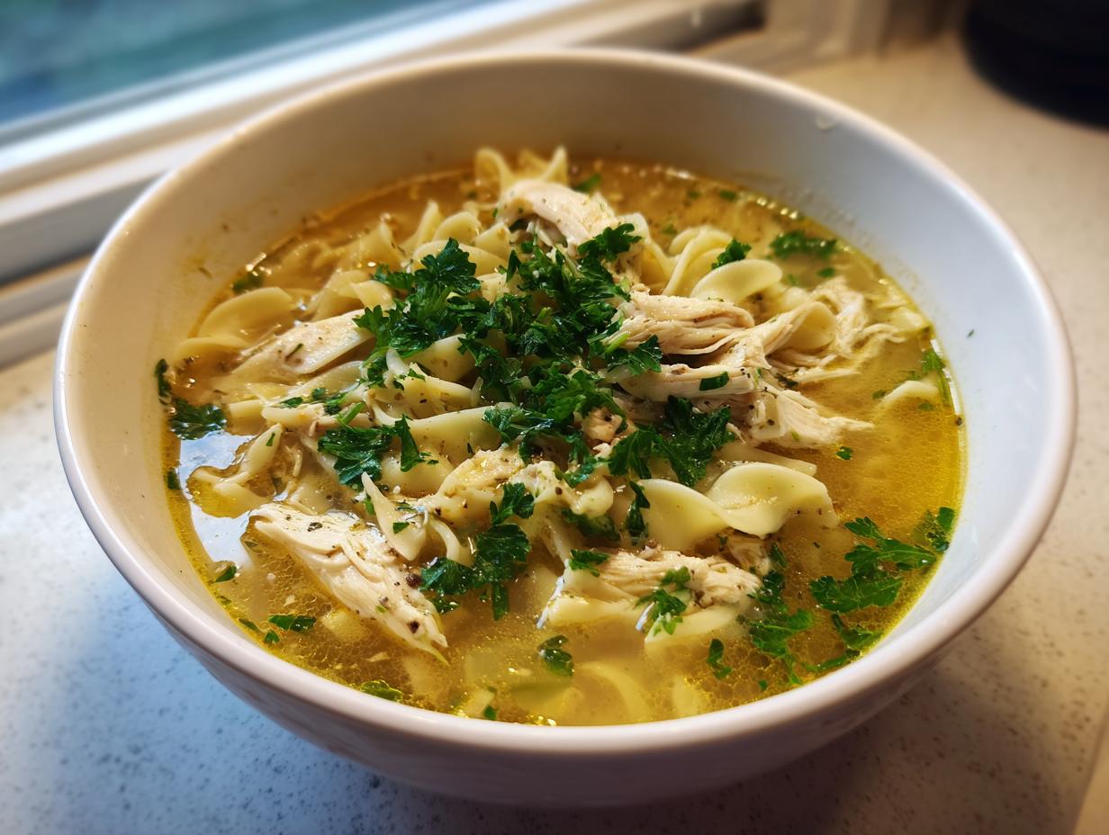 Close-up of a white bowl filled with rich broth, egg noodles, shredded chicken, and fresh parsley, representing slow cooker chicken noodle soup.