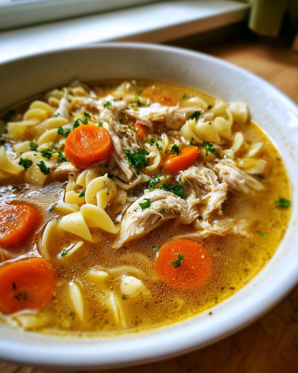 Close-up of a bowl of slow cooker chicken noodle soup with egg noodles, shredded chicken, and sliced carrots.