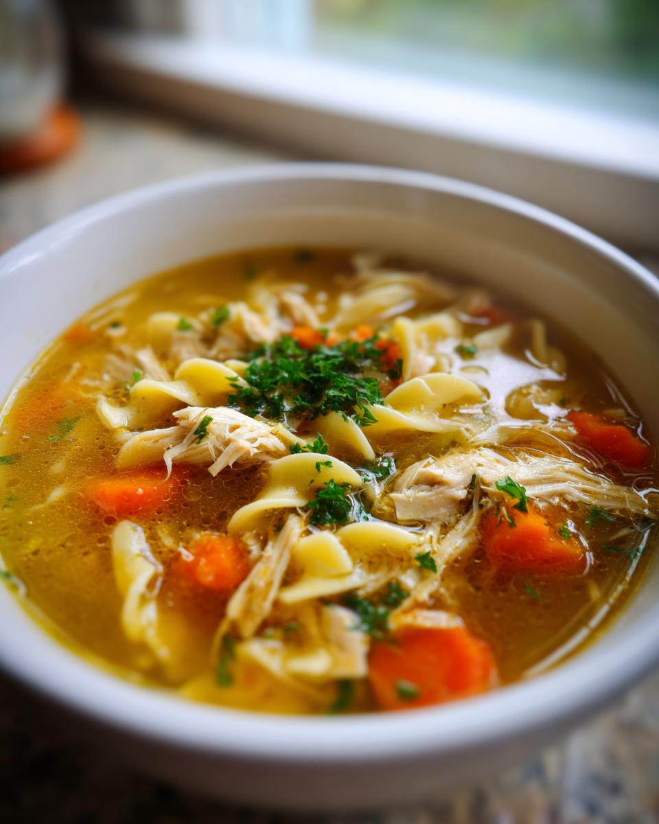 Close-up of a white bowl filled with slow cooker chicken noodle soup featuring shredded chicken, carrots, and egg noodles.
