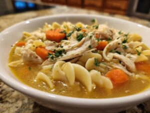 Close-up of a white bowl filled with rich broth, shredded chicken, carrots, and egg noodles in slow cooker chicken noodle soup.