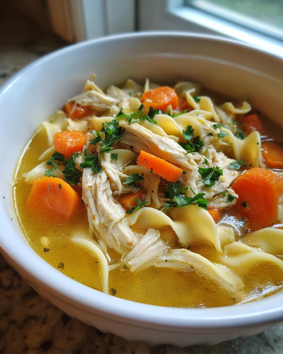 A close-up of a white bowl filled with slow cooker chicken noodle soup with egg noodles, shredded chicken, carrots, and parsley.