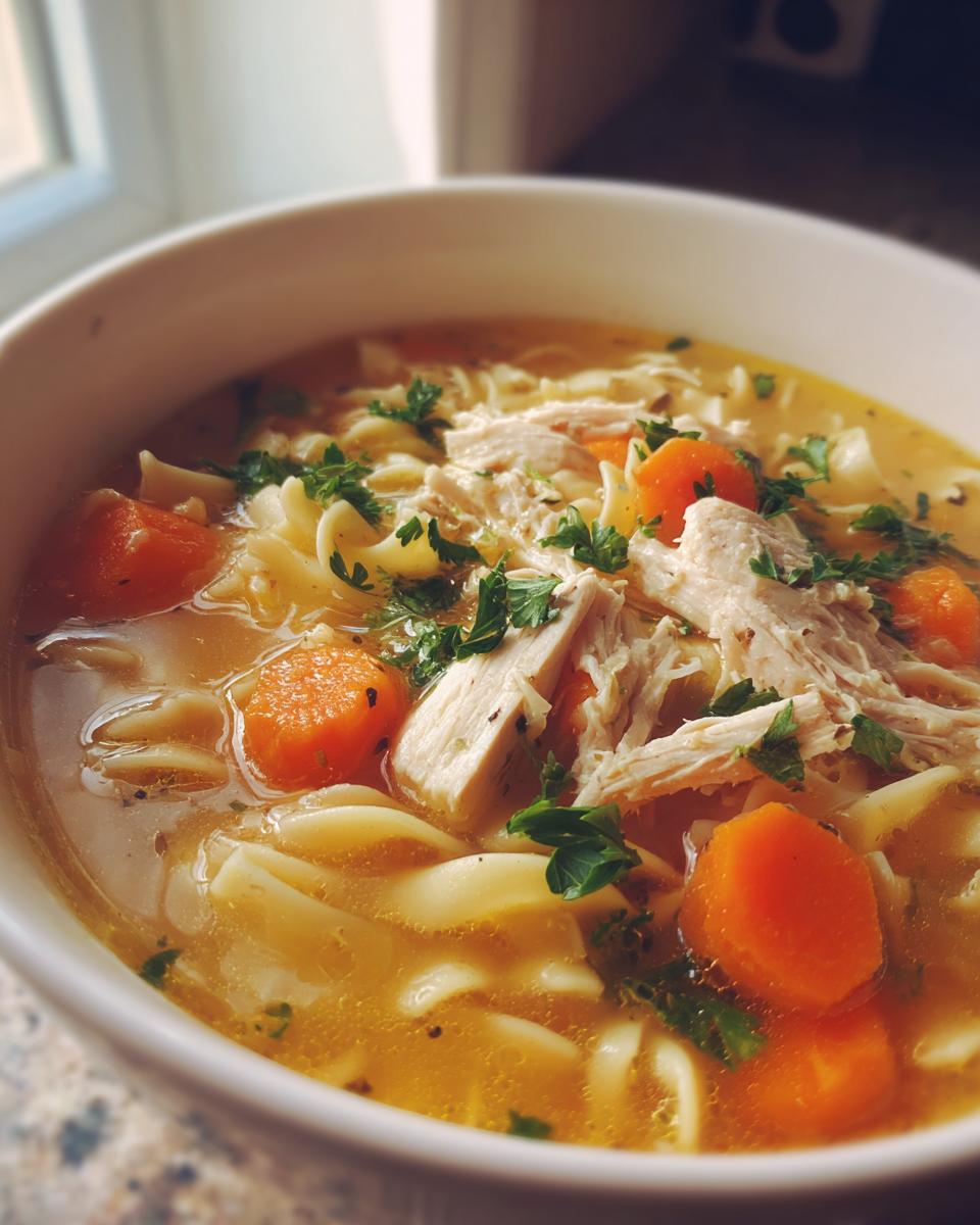Close-up of a white bowl filled with slow cooker chicken noodle soup featuring shredded chicken, carrots, and egg noodles.