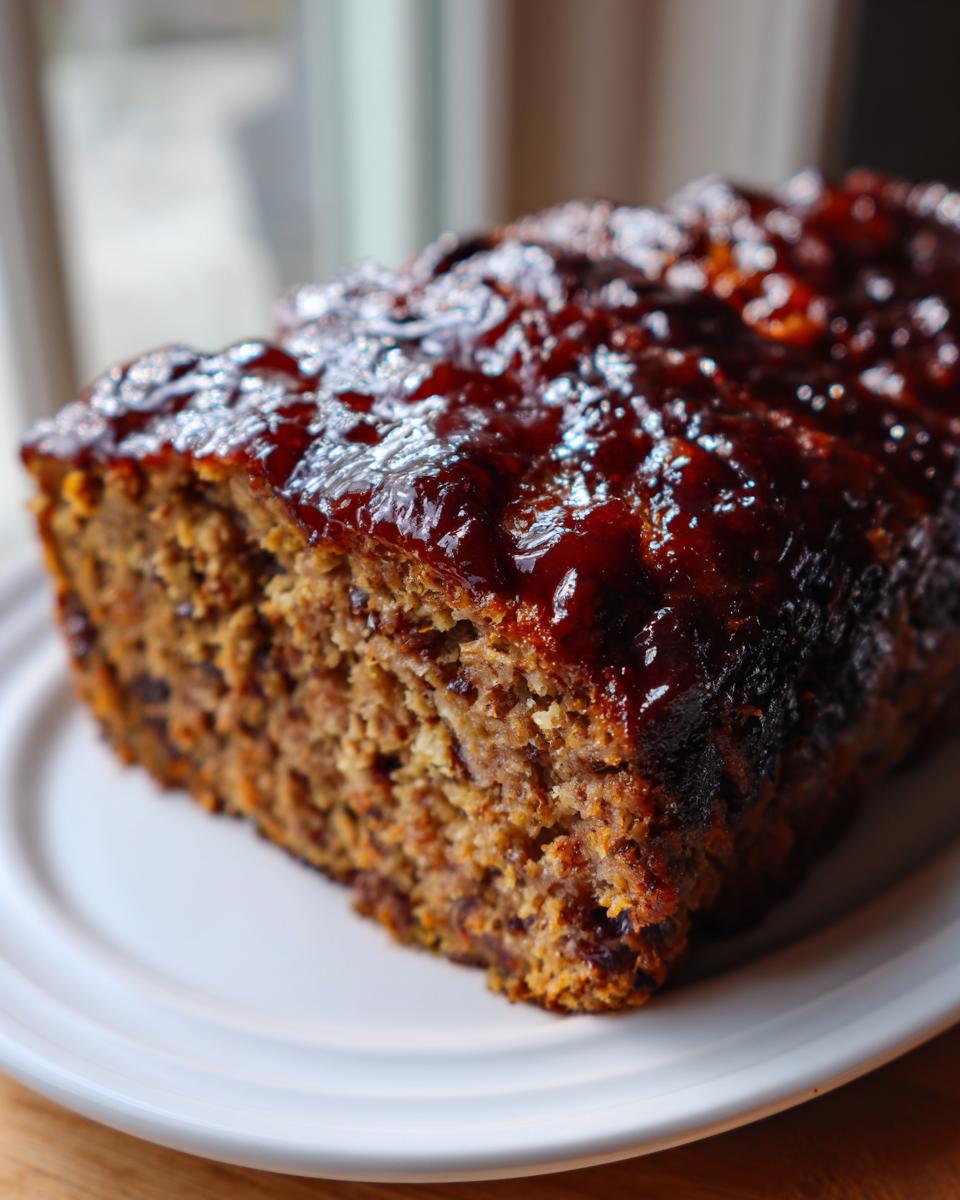 Close-up of a slice of smoked stove top stuffing meatloaf with a thick, glossy brown glaze.