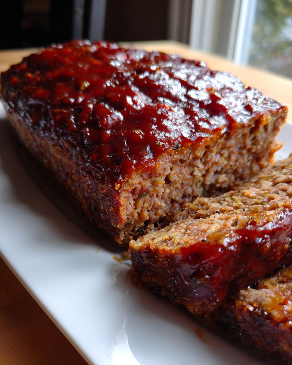 A freshly baked smoked stove top stuffing meatloaf, sliced and topped with a thick, glossy barbecue glaze.