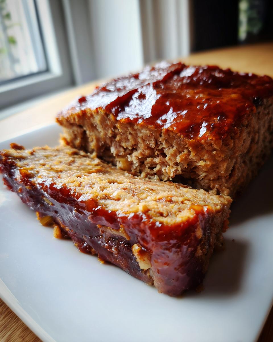 Close-up of a slice of smoked stove top stuffing meatloaf topped with a shiny brown glaze.