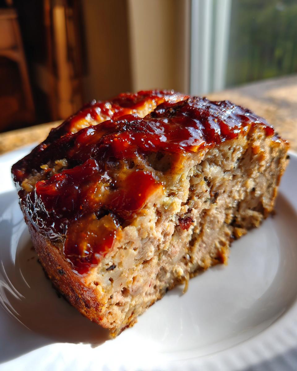 Close-up of a slice of smoked stove top stuffing meatloaf topped with a shiny, dark red glaze.