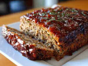 A close-up of a sliced smoked stove top stuffing meatloaf covered in a thick, shiny barbecue-style glaze and sprinkled with herbs.