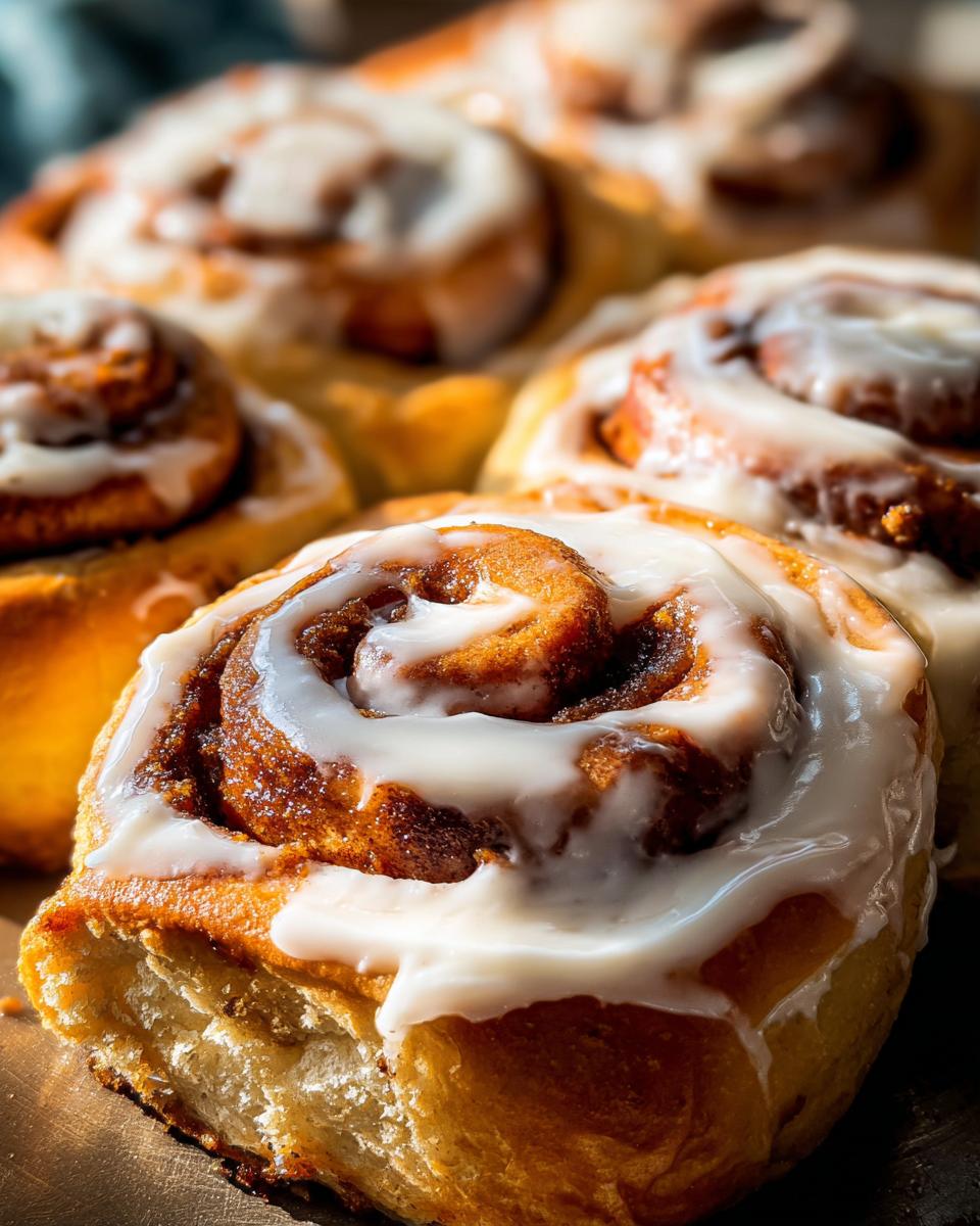 Close-up of a soft, freshly baked cinnamon roll topped with thick white icing.