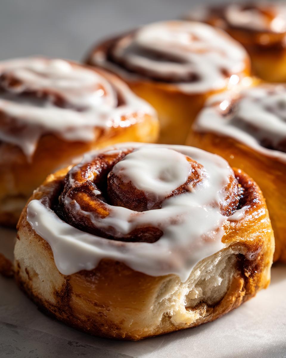 A close-up, mouth-watering shot of a soft cinnamon roll topped with thick white icing.