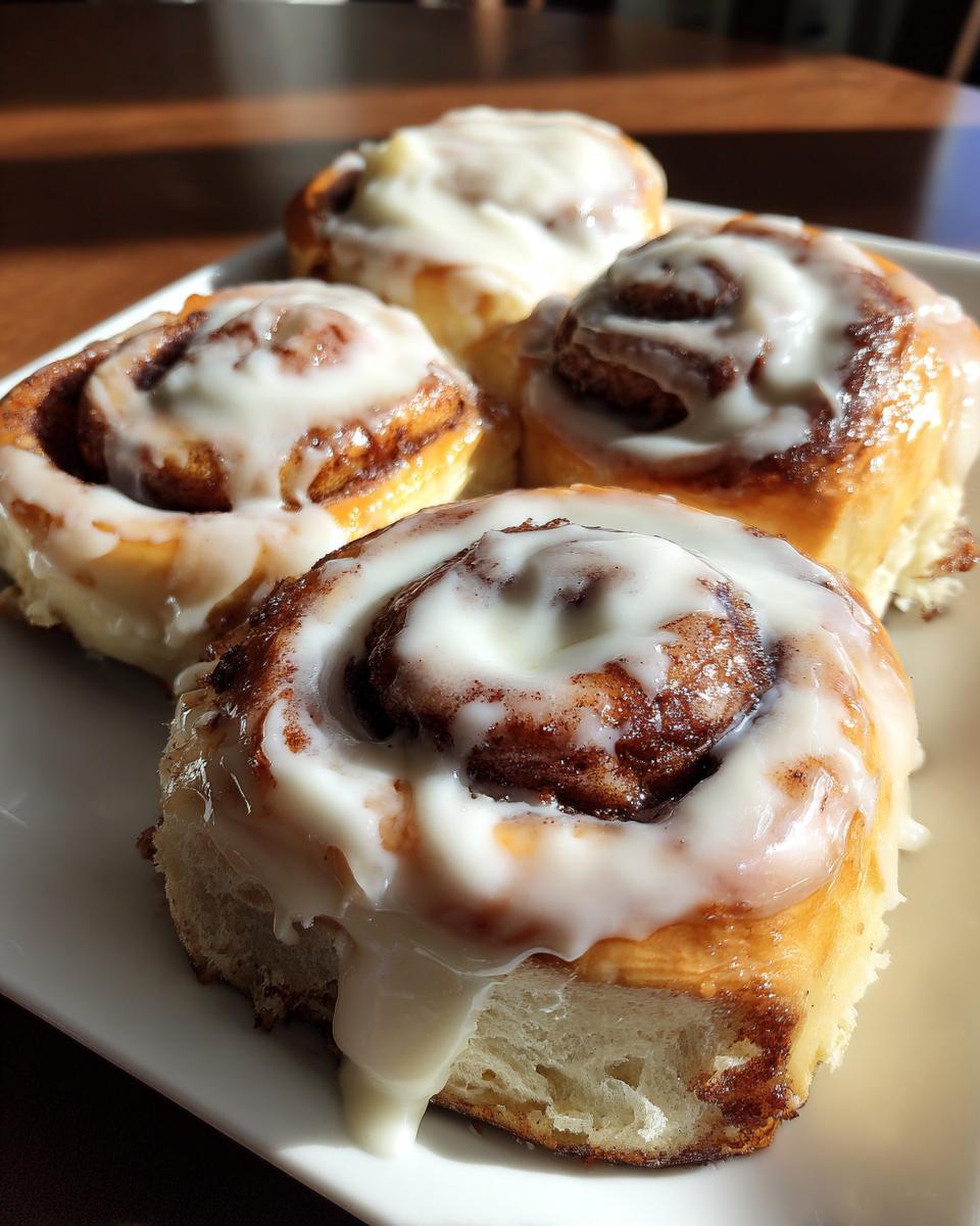 Four soft cinnamon rolls generously topped with white icing, highlighting the gooey center and fluffy dough.
