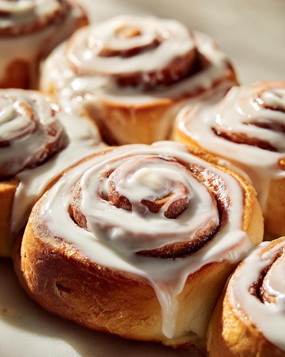 Close-up shot of several soft, freshly baked cinnamon rolls generously topped with dripping white icing.