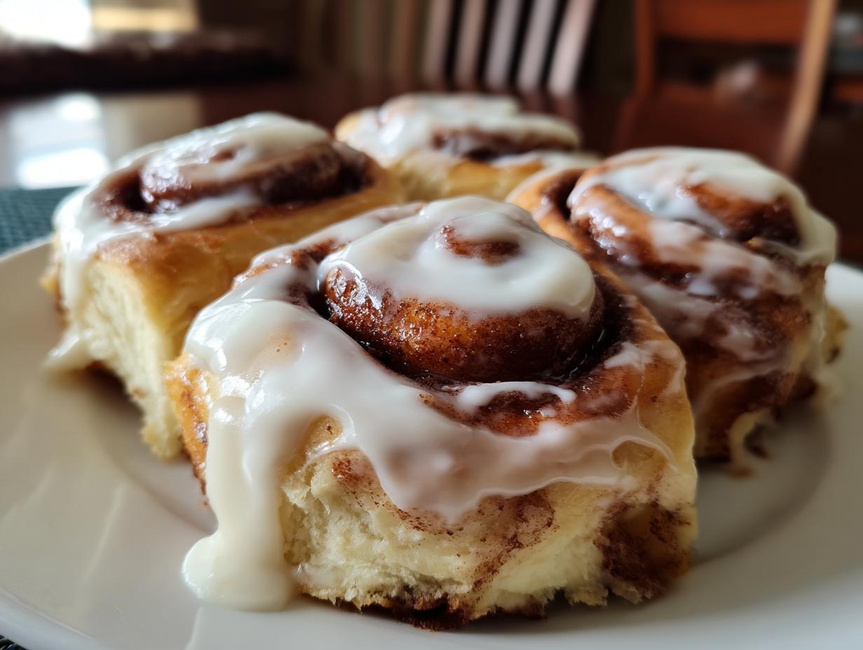 A close-up of four freshly baked, soft cinnamon rolls generously topped with dripping white icing.