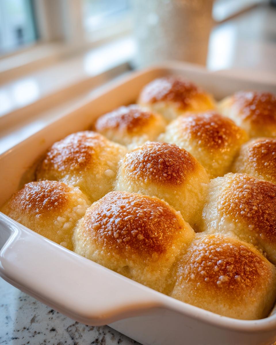 Close-up of golden brown, buttery soft dinner rolls baked together in a white ceramic dish.
