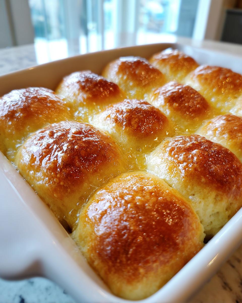 Close-up of freshly baked, golden brown dinner rolls soaking in melted butter in a white baking dish.