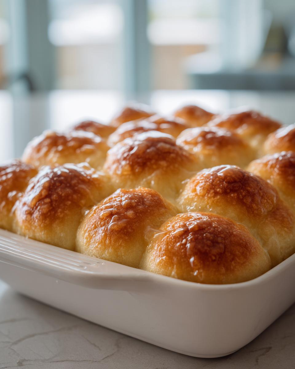 A batch of golden-brown, soft dinner rolls baked together in a white dish, glistening with a light glaze.