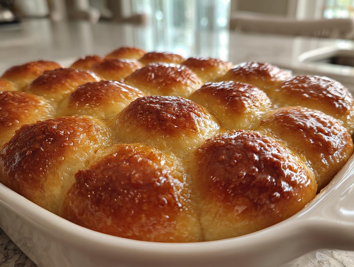 Close-up of freshly baked, golden brown dinner rolls glistening with a sweet glaze in a white baking dish.