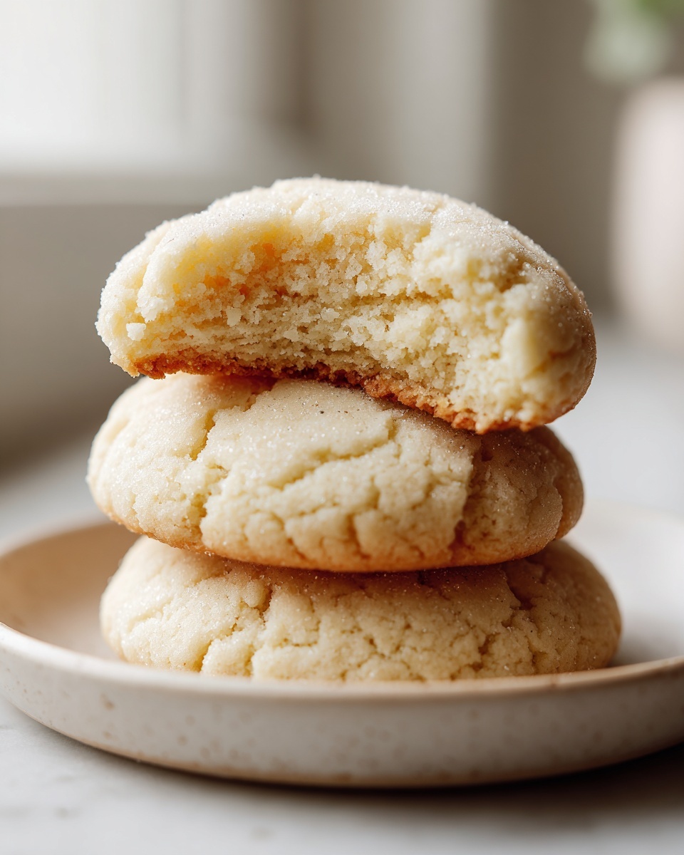 A stack of three soft sugar cookies, with the top one bitten to show the fluffy interior.