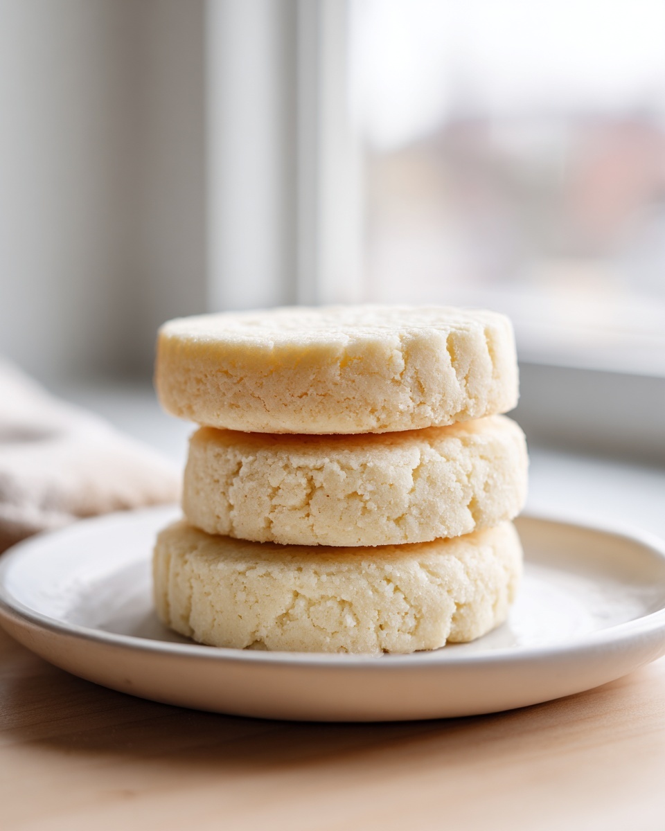 Three thick, round soft sugar cookies stacked on a small white plate, ready to eat.