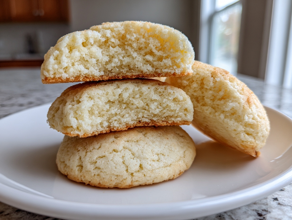 Stack of three incredibly soft sugar cookies, one broken in half showing the fluffy interior.