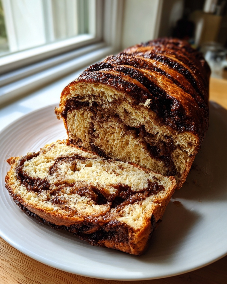 A freshly baked loaf of sourdough cinnamon bread, partially sliced, showing rich cinnamon swirl filling.