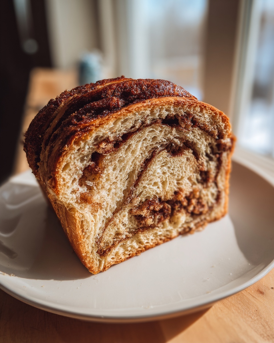 Close-up of a thick slice of sourdough cinnamon bread showing rich swirls of filling on a white plate.