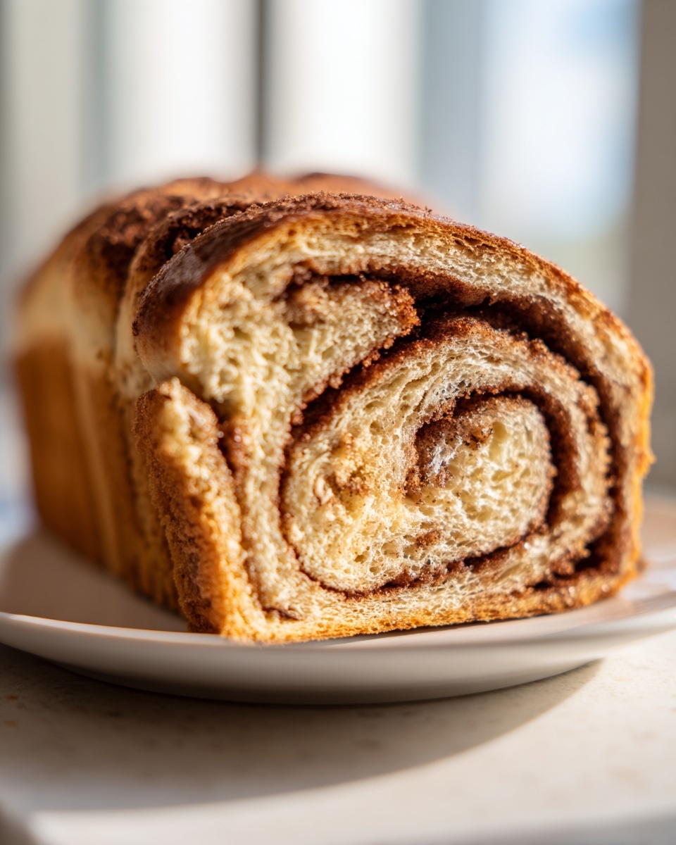 Close-up of a freshly baked sourdough cinnamon bread loaf sliced to show the beautiful cinnamon swirl interior.