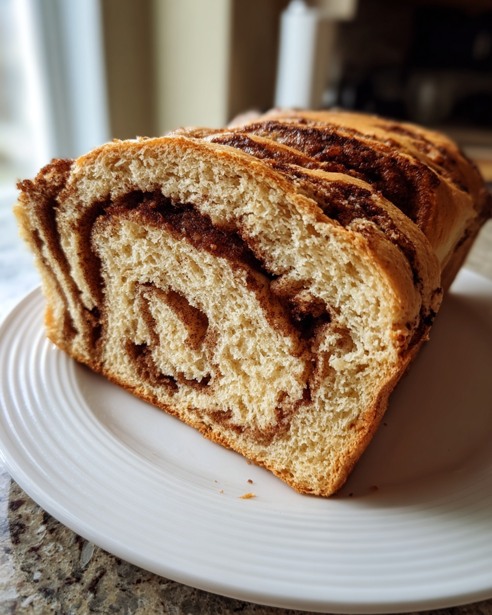 A thick slice of homemade sourdough cinnamon bread showing beautiful interior swirls on a white plate.