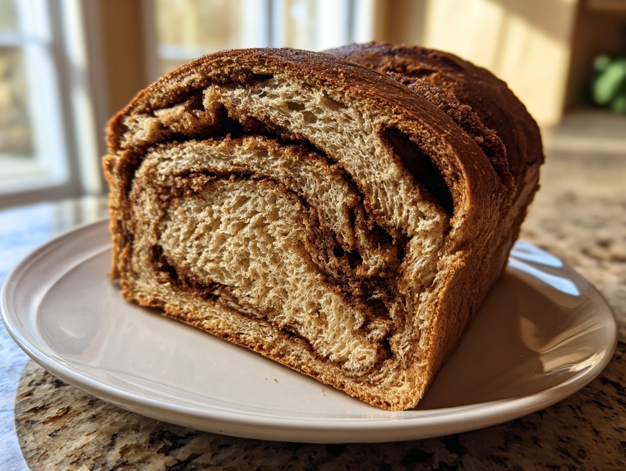 A close-up of a freshly baked sourdough cinnamon bread loaf showing the beautiful swirl pattern inside.