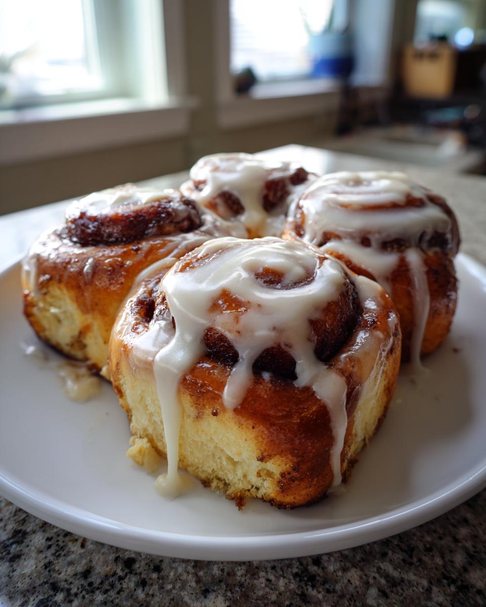 Close-up of four fluffy sourdough cinnamon rolls generously topped with white icing on a white plate.