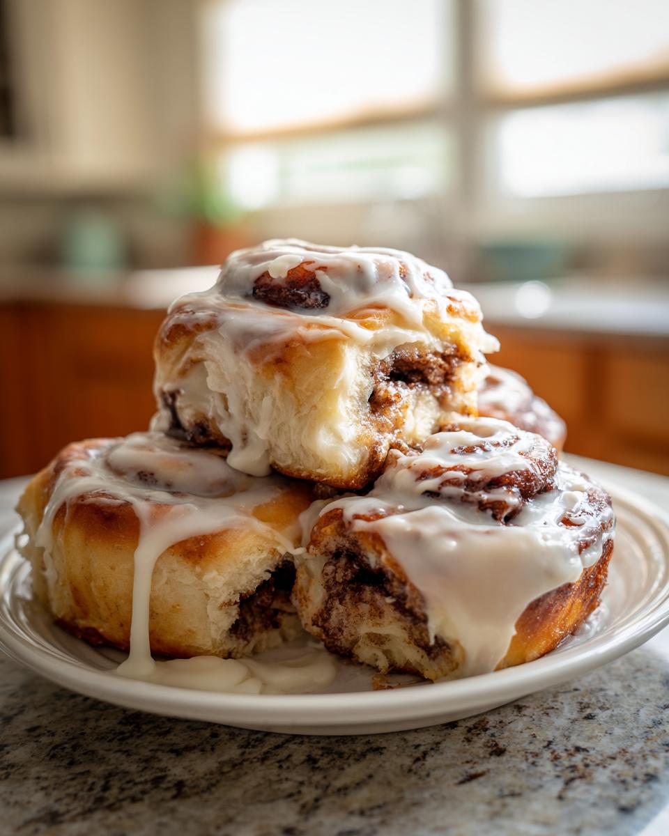 A stack of fluffy sourdough cinnamon rolls generously covered in white cream cheese frosting.