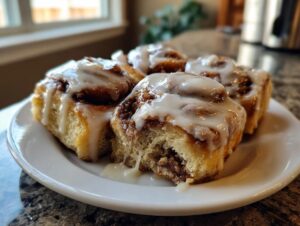 Four fluffy sourdough cinnamon rolls generously topped with white icing, served on a white plate.