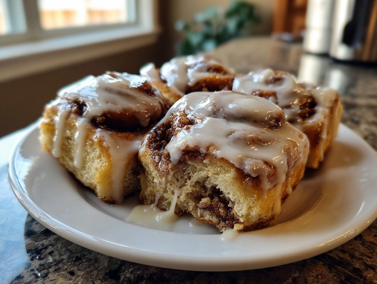 Four fluffy sourdough cinnamon rolls generously topped with white icing, served on a white plate.