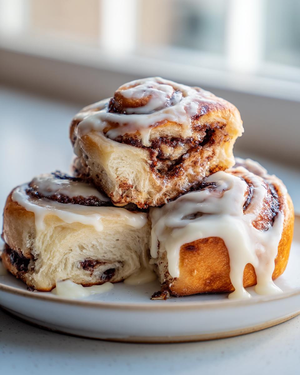 Three fluffy sourdough cinnamon rolls stacked on a plate, generously drizzled with white icing.